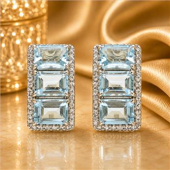 925 Sterling Silver 8.56 Ct Octagon Blue Topaz White Zircon Earrings