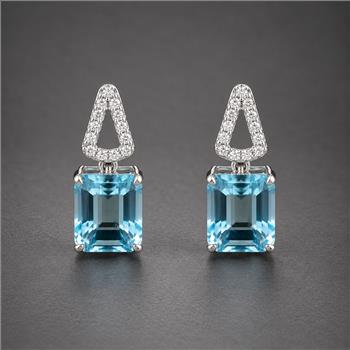 925 Sterling Silver 8.82 Ct Octagon Blue Topaz White Zircon Earrings