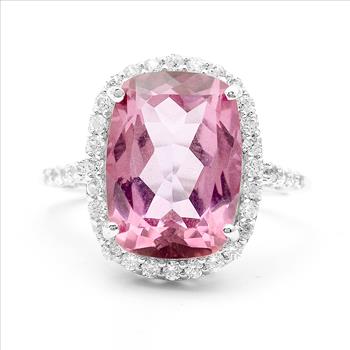 925 Sterling Silver 9.34 Ct Cushion Pink Topaz White Zircon Ring 7 US Ring Size