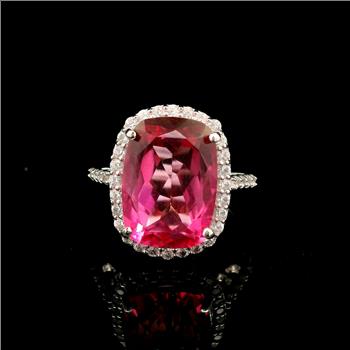 925 Sterling Silver 9.34 Ct Cushion Pink Topaz White Zircon Ring 7 US Ring Size