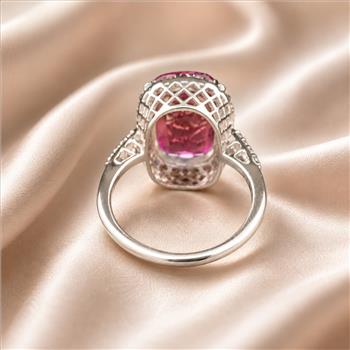 925 Sterling Silver 9.34 Ct Cushion Pink Topaz White Zircon Ring 7 US Ring Size