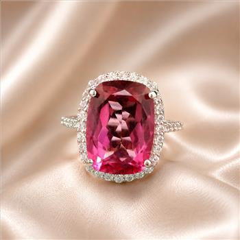 925 Sterling Silver 9.34 Ct Cushion Pink Topaz White Zircon Ring 7 US Ring Size