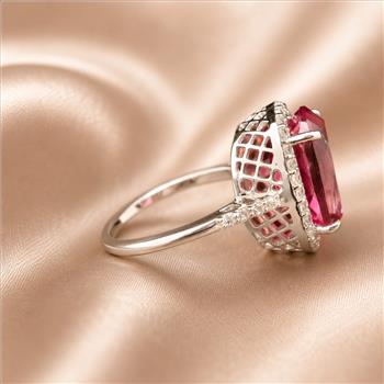 925 Sterling Silver 9.34 Ct Cushion Pink Topaz White Zircon Ring 7 US Ring Size