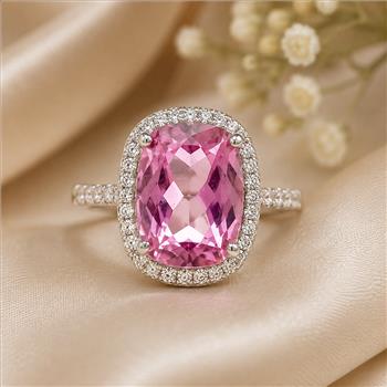925 Sterling Silver 9.34 Ct Cushion Pink Topaz White Zircon Ring 7 US Ring Size