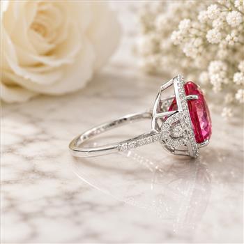 925 Sterling Silver 9.35 Ct Round Pink Topaz White Zircon Ring