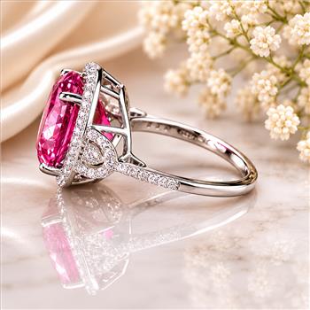 925 Sterling Silver 9.35 Ct Round Pink Topaz White Zircon Ring