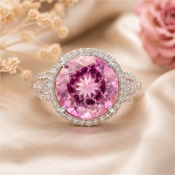 925 Sterling Silver 9.35 Ct Round Pink Topaz White Zircon Ring