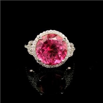 925 Sterling Silver 9.35 Ct Round Pink Topaz White Zircon Ring