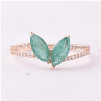 9K Gold 0.89 Ct Marquise Emerald Ring 7 US Ring Size
