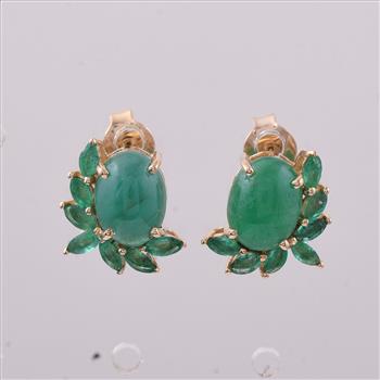 9K Gold 3.29 Ct Oval Emerald Earrings