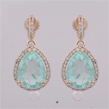 9K Gold 3.56 Ct Pear Emerald Earrings