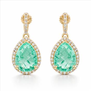 9K Gold 3.56 Ct Pear Emerald Earrings