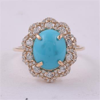 9K Gold 3.69 Ct Oval Turquoise Ring 7 US Ring Size