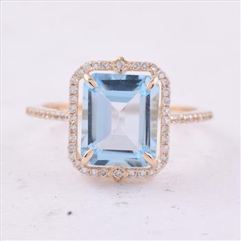 9K Gold 4.17 Ct Octagon Blue Topaz Ring 7 US Ring Size