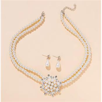 Elegant Double Beaded Pearl Necklace & Earring Set