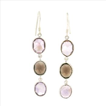 NO RESERVE 10.10 Ct Amethyst, Smoky Quartz 925 Sterling Silver Earrings