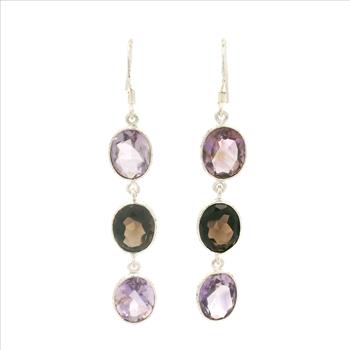 NO RESERVE 10.10 Ct Amethyst, Smoky Quartz 925 Sterling Silver Earrings