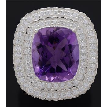 NO RESERVE 10.18 Ct Cushion Amethyst, Cubic Zirconia 925 Sterling Silver Pendant