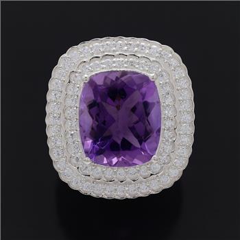 NO RESERVE 10.18 Ct Cushion Amethyst, Cubic Zirconia 925 Sterling Silver Pendant