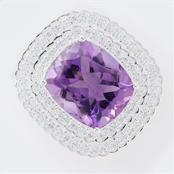 NO RESERVE 10.18 Ct Cushion Amethyst, Cubic Zirconia 925 Sterling Silver Pendant