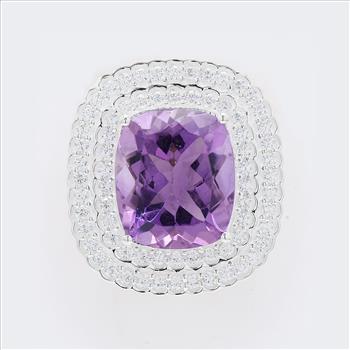 NO RESERVE 10.18 Ct Cushion Amethyst, Cubic Zirconia 925 Sterling Silver Pendant
