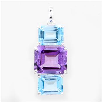 NO RESERVE 10.66 Ct Octagon Amethyst, Blue Topaz, 925 Sterling Silver Pendant