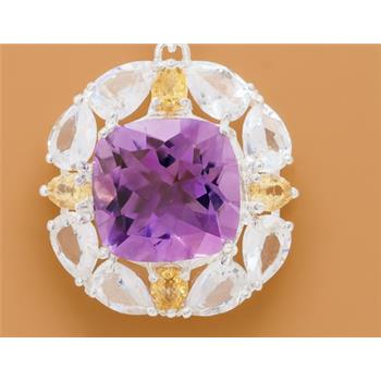 NO RESERVE 10.80 Ct Cushion Amethyst, White Topaz, Citrine 925 Sterling Silver Pendant