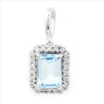 NO RESERVE 1.25 Ct Octagon Blue Topaz, White Zircon, 925 Sterling Silver Pendant