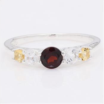 NO RESERVE 1.29 Ct Round Garnet, White Topaz, Citrine 925 Sterling Silver Ring