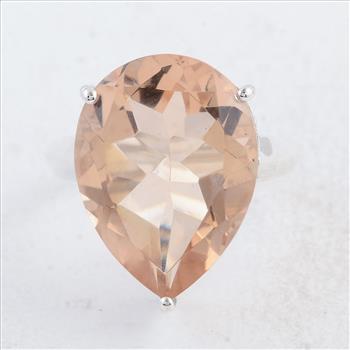 NO RESERVE 12.90 Ct Pear Created Glass Morganite 925 Sterling Silver Ring