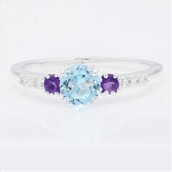 NO RESERVE 1.59 Ct Round Blue Topaz, Amethyst, Cubic Zirconia 925 Sterling Silver Ring