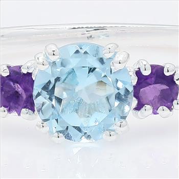 NO RESERVE 1.59 Ct Round Blue Topaz, Amethyst, Cubic Zirconia 925 Sterling Silver Ring