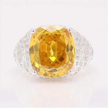 NO RESERVE 16.40 Ct Cushion Yellow Cz, White Cz 925 Sterling Silver Ring