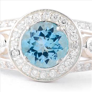NO RESERVE 1.73 Ct Round Swiss Blue Topaz, Cubic Zirconia 925 Sterling Silver Ring