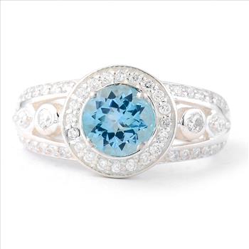 NO RESERVE 1.73 Ct Round Swiss Blue Topaz, Cubic Zirconia 925 Sterling Silver Ring