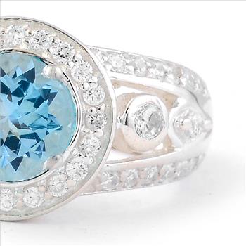 NO RESERVE 1.73 Ct Round Swiss Blue Topaz, Cubic Zirconia 925 Sterling Silver Ring