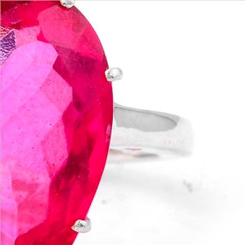 NO RESERVE 18.23 Ct Pear Pink Topaz, Cubic Zirconia 925 Sterling Silver Ring