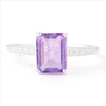 NO RESERVE 2.27 Ct Octagon Amethyst, Cubic Zirconia 925 Sterling Silver Ring