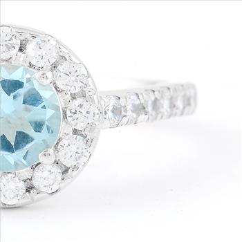 NO RESERVE 2.54 Ct Round Swiss Blue Topaz, Cubic Zirconia, 925 Sterling Silver Ring