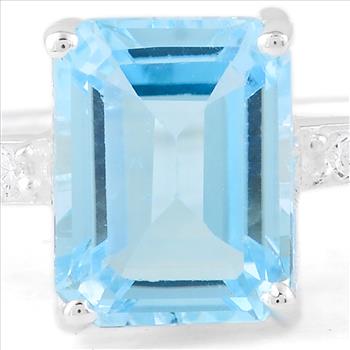 NO RESERVE 3.17 Ct Octagon Blue Topaz, Cubic Zirconia 925 Sterling Silver Ring