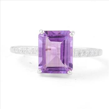 NO RESERVE 3.19 Ct Octagon Amethyst, Cubic Zirconia 925 Sterling Silver Ring