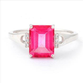 NO RESERVE 3.19 Ct Octagon Pink Topaz, White Zircon, 925 Sterling Silver Ring