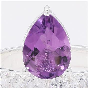 NO RESERVE 3.97 Ct Pear Amethyst, Cubic Zirconia 925 Sterling Silver Ring