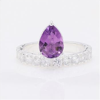 NO RESERVE 3.97 Ct Pear Amethyst, Cubic Zirconia 925 Sterling Silver Ring
