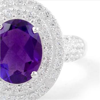NO RESERVE 4.54 Ct Oval Created Amethyst, Cubic Zirconia 925 Sterling Silver Ring