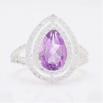 NO RESERVE 4.61 Ct Pear Amethyst, Cubic Zirconia 925 Sterling Silver Ring