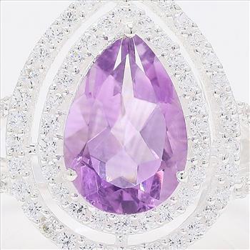 NO RESERVE 4.61 Ct Pear Amethyst, Cubic Zirconia 925 Sterling Silver Ring