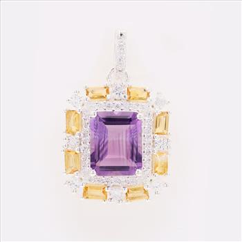 NO RESERVE 4.98 Ct Octagon Amethyst, Citrine, Cubic Zirconia 925 Sterling Silver Pendant
