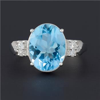 NO RESERVE 5.43 Ct Oval Swiss Blue Topaz, Cubic Zirconia, 925 Sterling Silver Ring