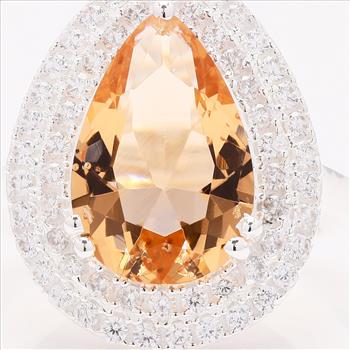 NO RESERVE 5.77 Ct Pear Created Morganite, Cubic Zirconia 925 Sterling Silver Ring